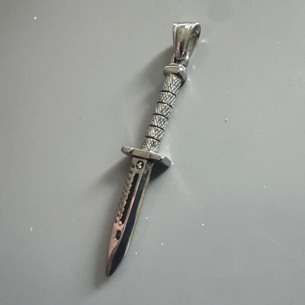 Stainless Steel Silver Plated Dagger Knife Military Pendant 24” Chain Gift Men’s